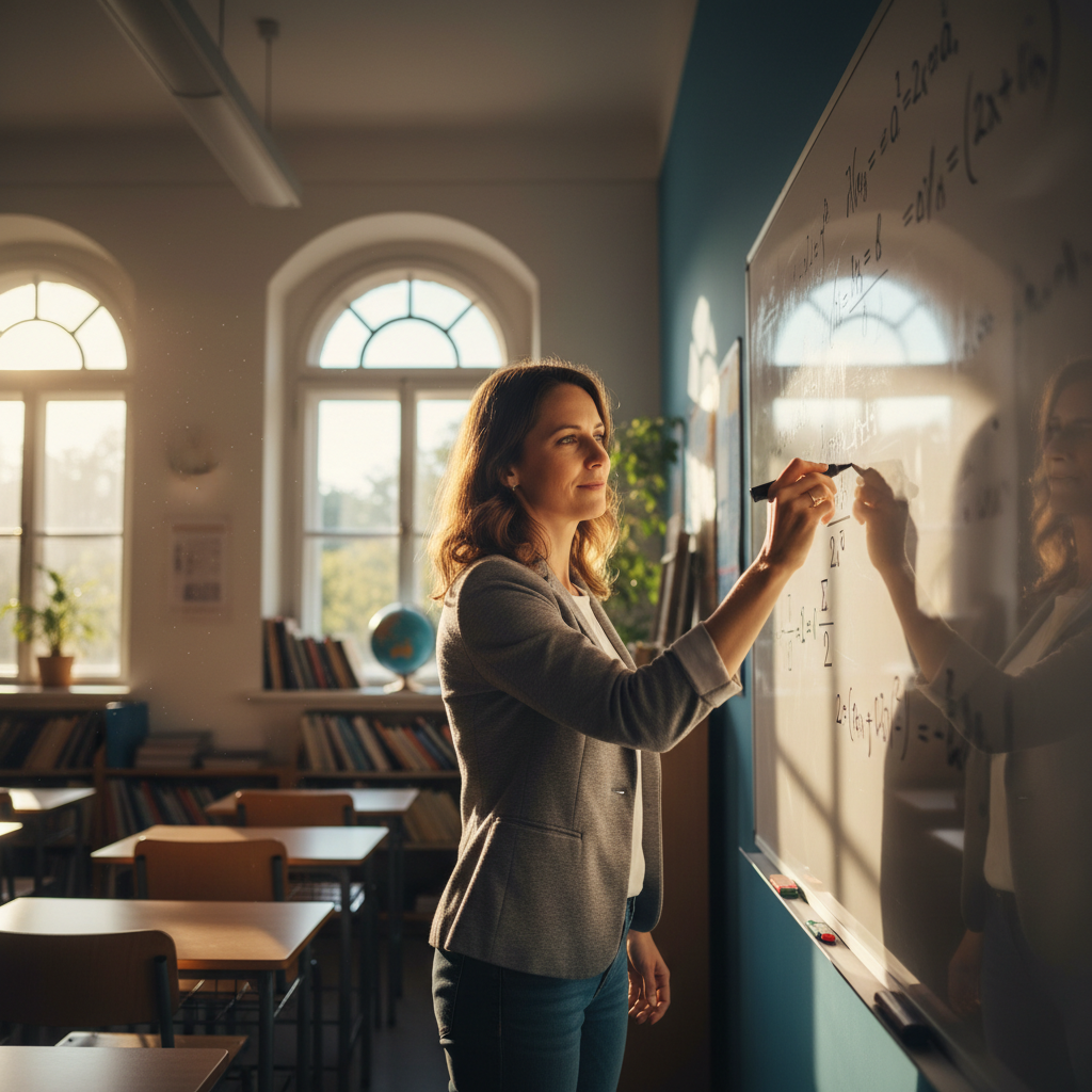 Mathematics equations on whiteboard, bright classroom, well-lit academic environment