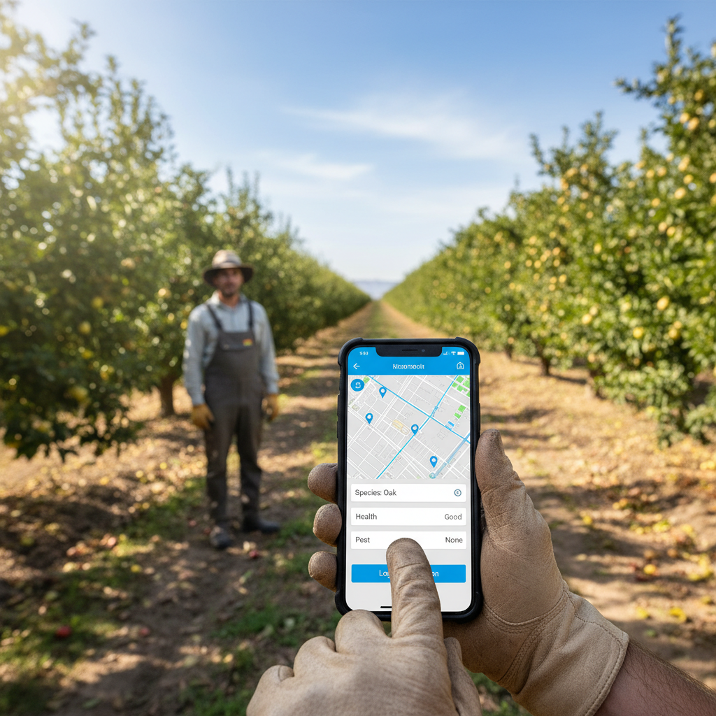 Field worker using mobile app for tree inspection and GPS logging