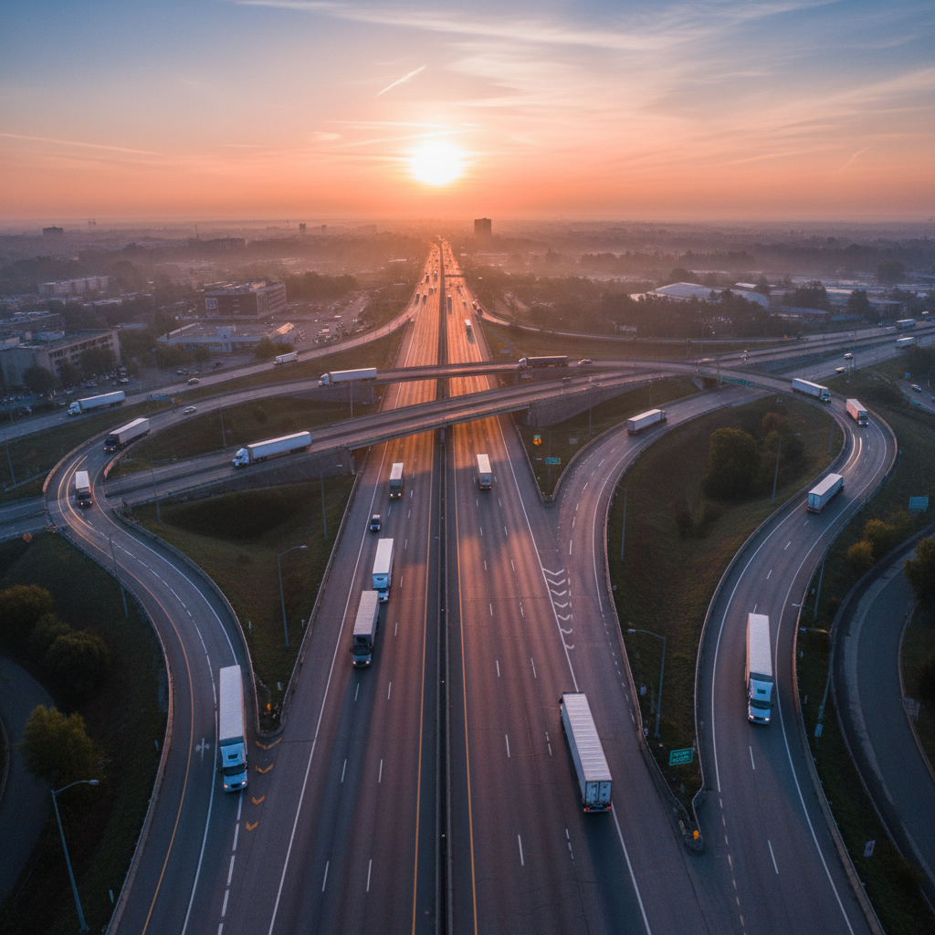 Aerial view of highway intersection with trucks traveling in multiple directions at dawn