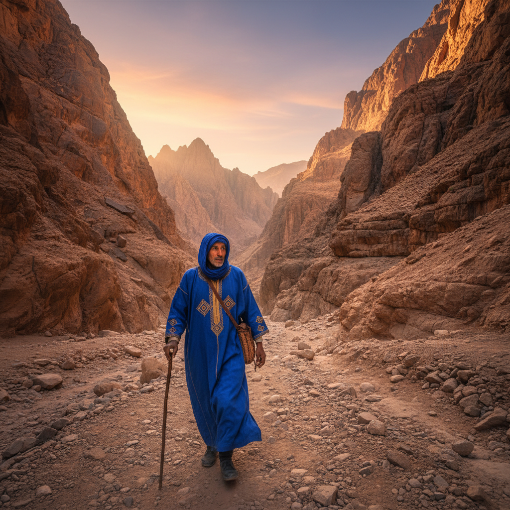 Guide berbère en djellaba bleue marchant dans les gorges de l'Anti-Atlas marocain au coucher du soleil