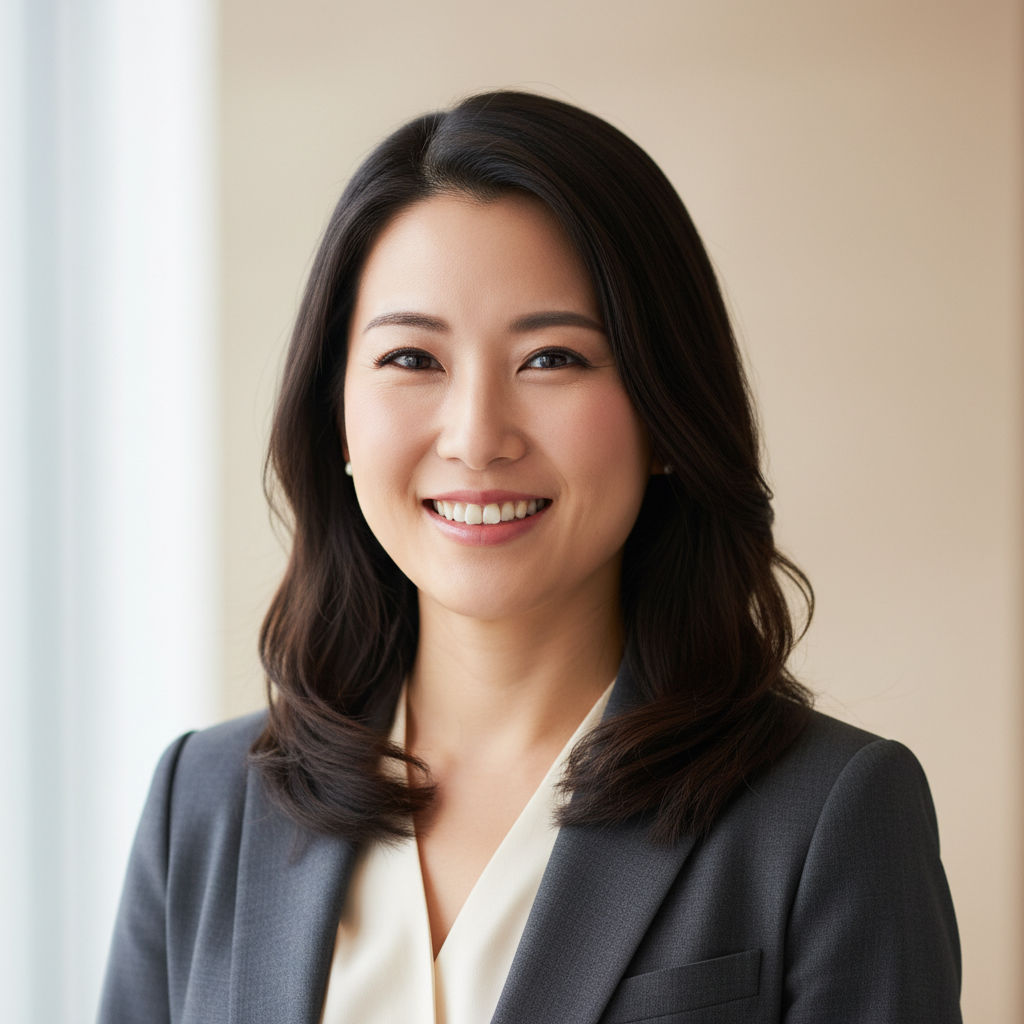 Professional Asian woman in business attire with confident expression against neutral background