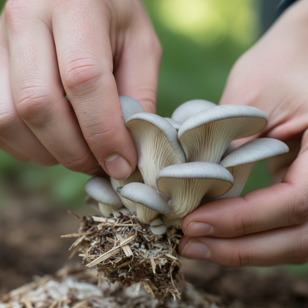 Harvesting oyster mushrooms by hand, farmer hands in gloves, close-up natural daylight