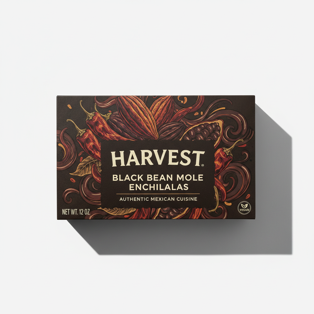Harvest black bean mole enchiladas box with dark illustrated artwork showing chilies and chocolate