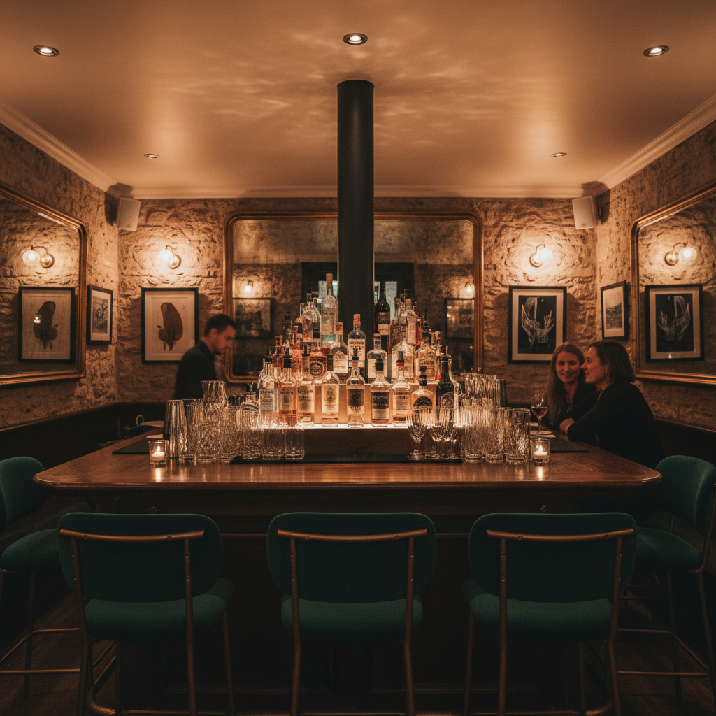 Upscale restaurant bar area with stylish stools, mood lighting and premium spirits display