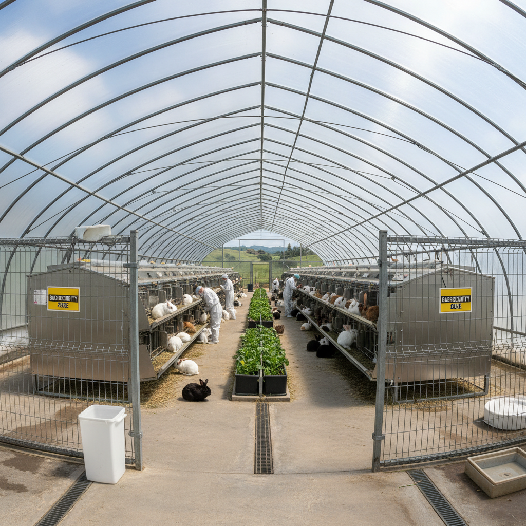 Modern rabbit farm setup with proper biosecurity measures in Rwanda, clean organized hutches