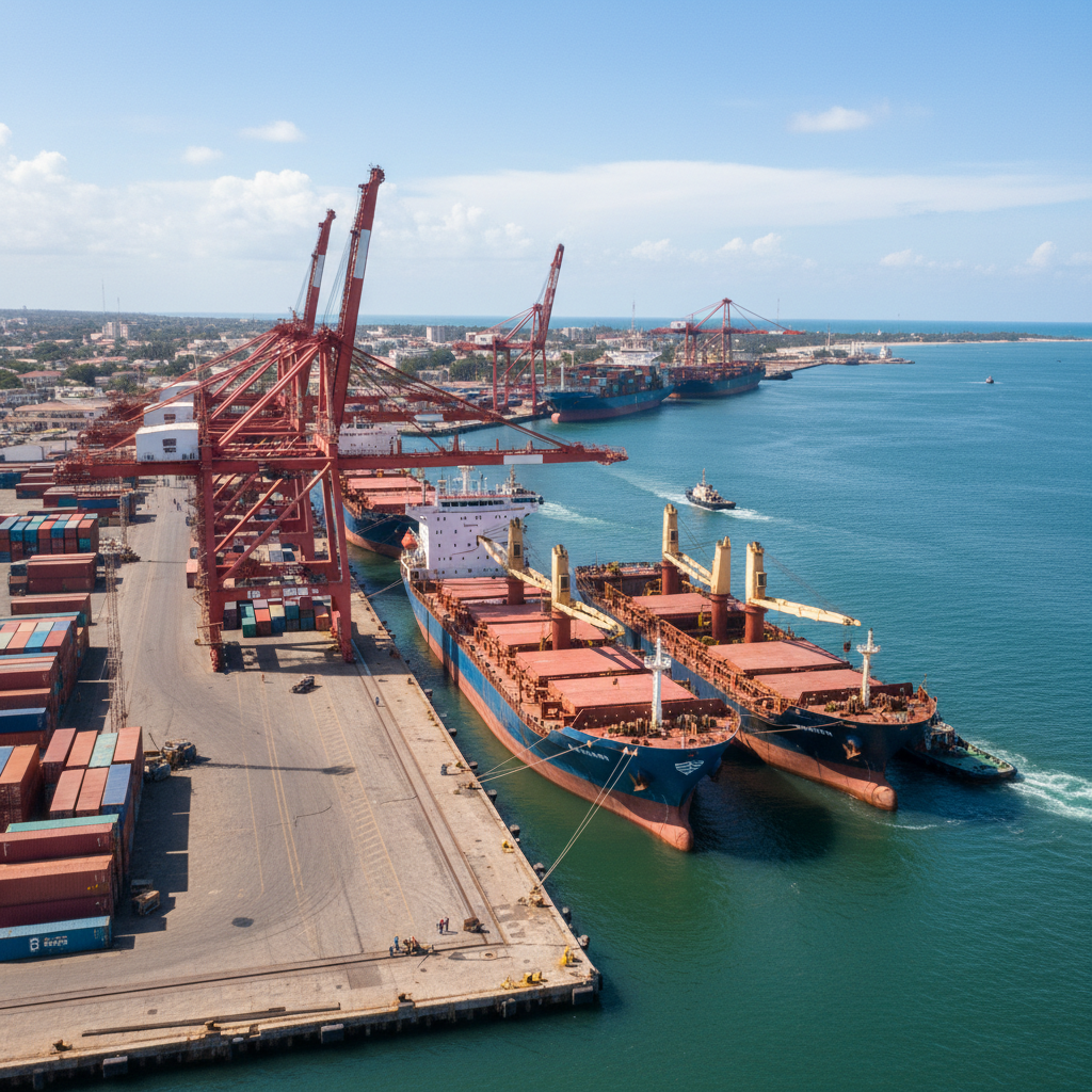 Aerial view of port terminal with cargo cranes and container ships docked at berths