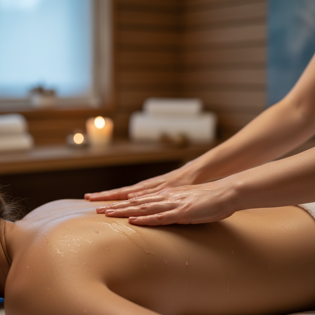 Massage therapist hands performing a relaxing back massage on a stone table in a dimly lit spa