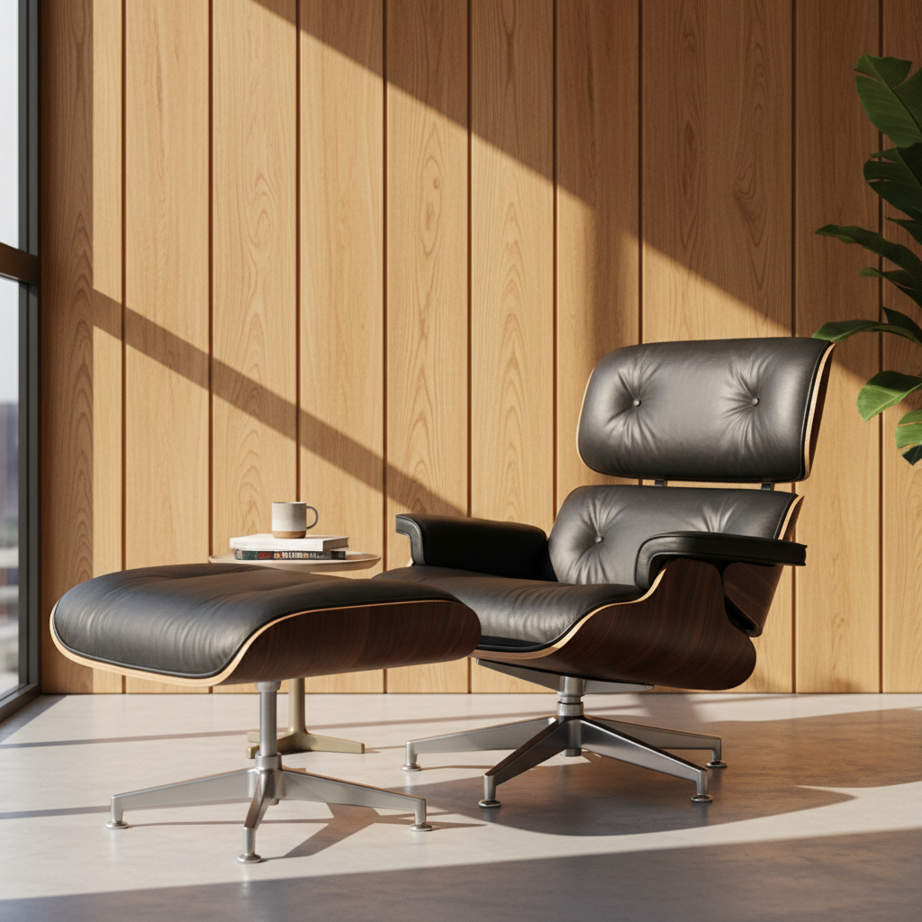 Eames lounge chair in black leather with dark walnut ottoman on concrete floor in dim moody setting