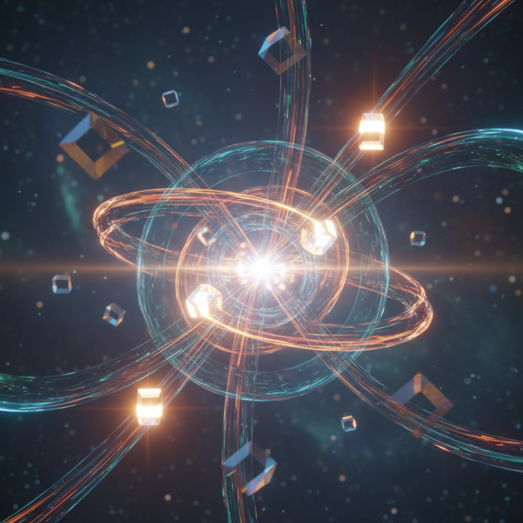 Abstract dark space visualization with glowing orbital rings and deep shadows
