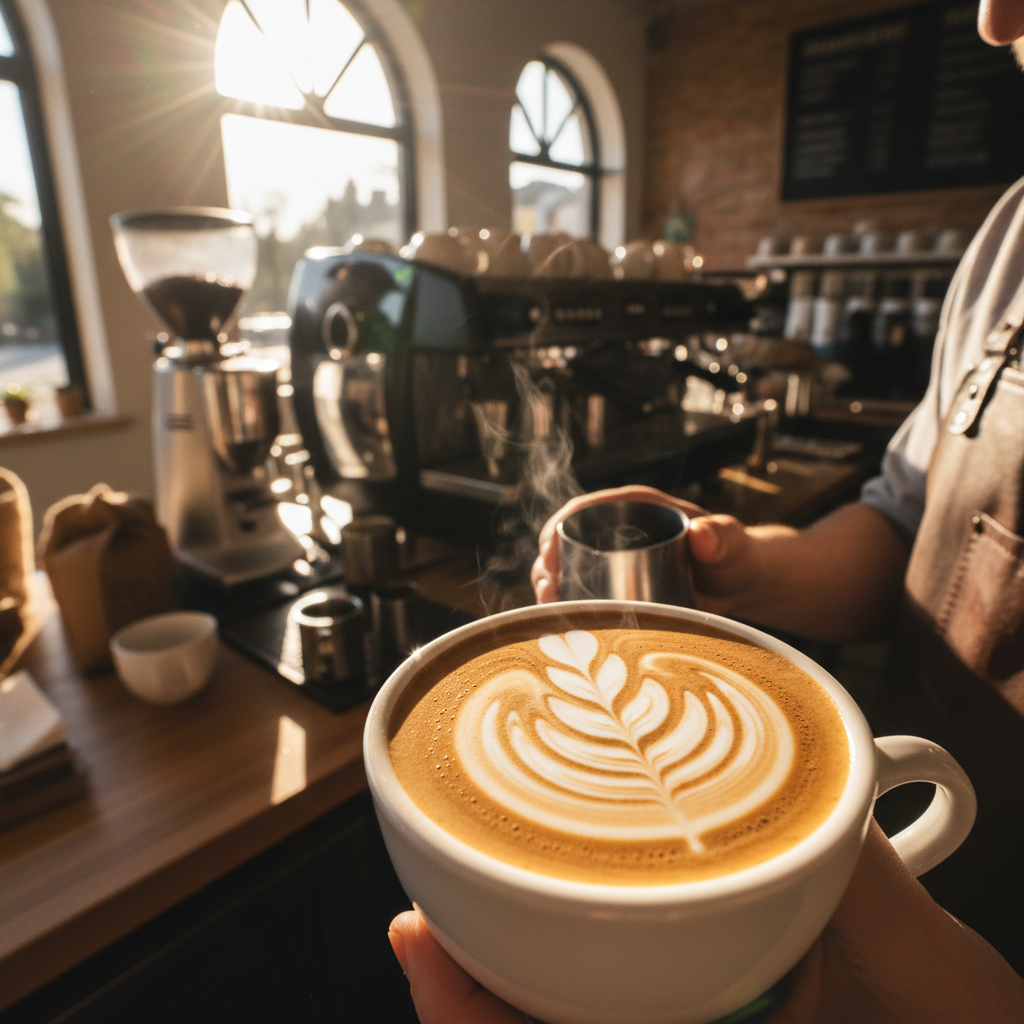 African barista woman carefully pouring fresh Rwandan coffee with latte art in warm café setting