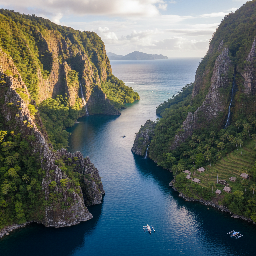Aerial view of Patagonian fjords with emerald green water cutting through snow-capped granite peaks and ancient glaciers