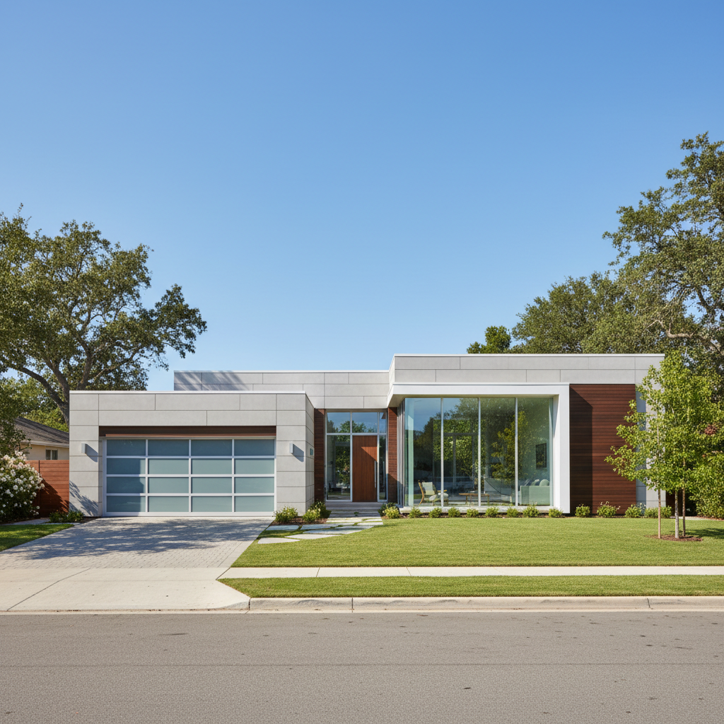 Modern modular home with large windows and attached garage set in suburban landscape