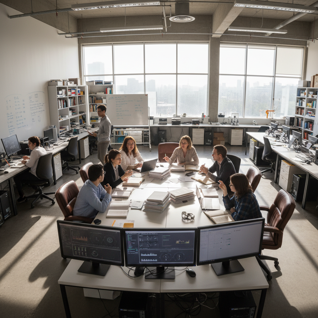 University researchers and community partners reviewing documents together, collaborative office setting