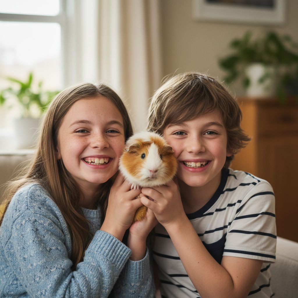 Sibling duo holding their guinea pig Biscuit together, both grinning