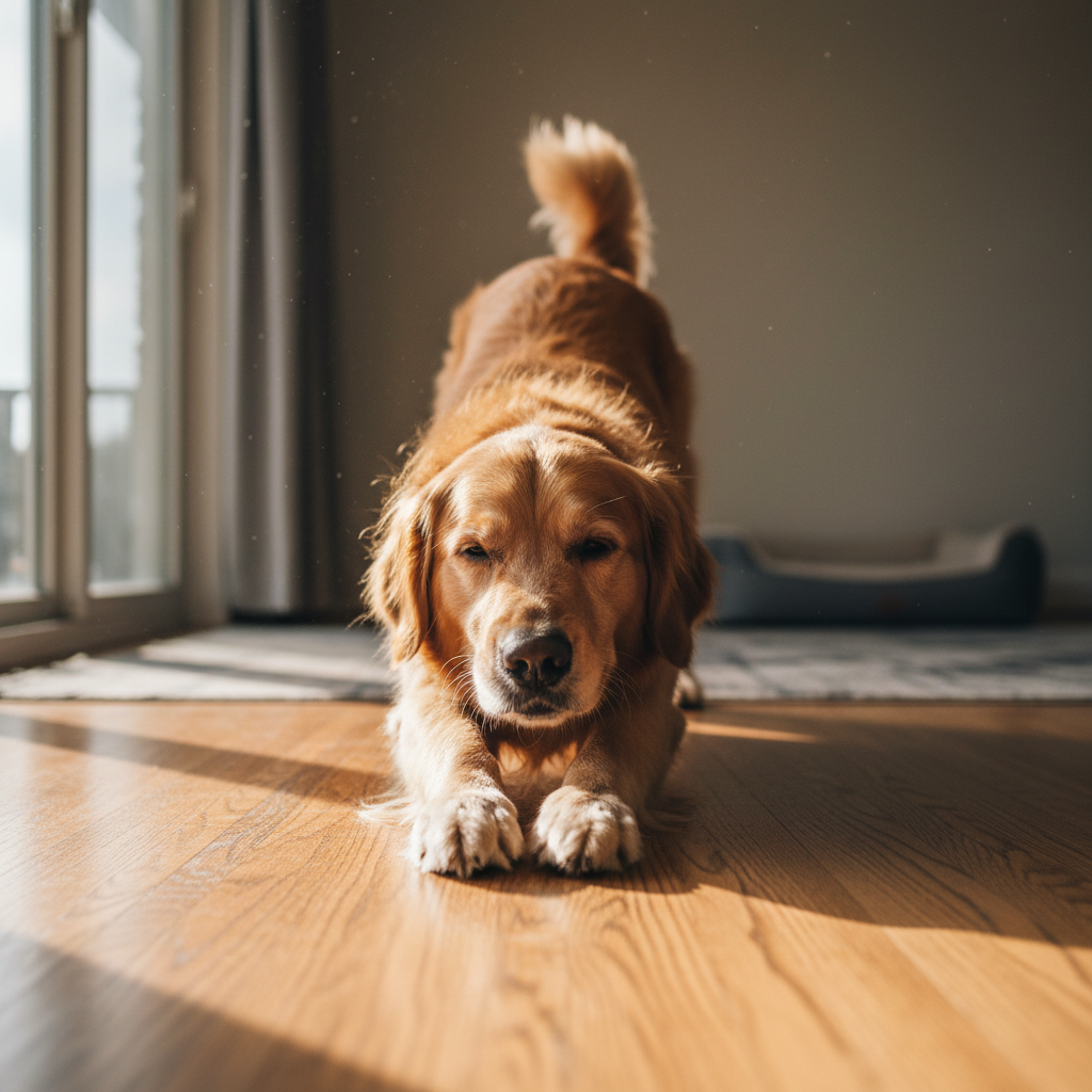 Miso mid-stretch on a wooden floor, paws extended, eyes half-closed in contentment