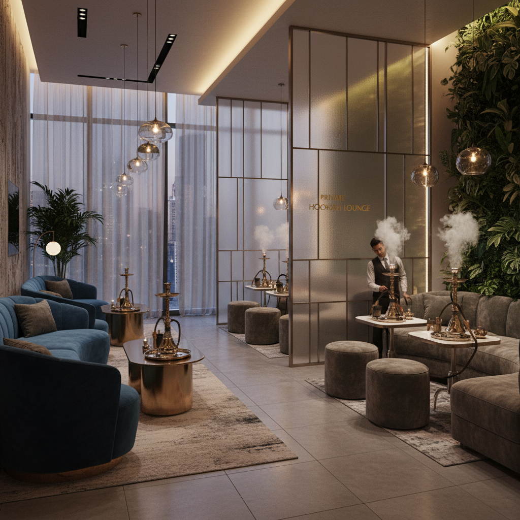 Stilvolles Shisha-Lokal mit gedimmtem Licht, dunklen Wänden und modernem Interieur