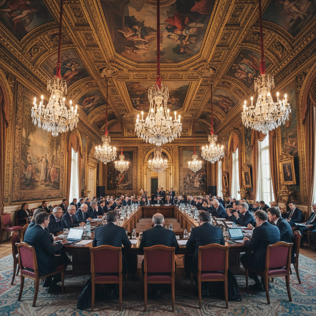Conference delegates in formal attire engaged in debate, professional meeting room, warm overhead lighting