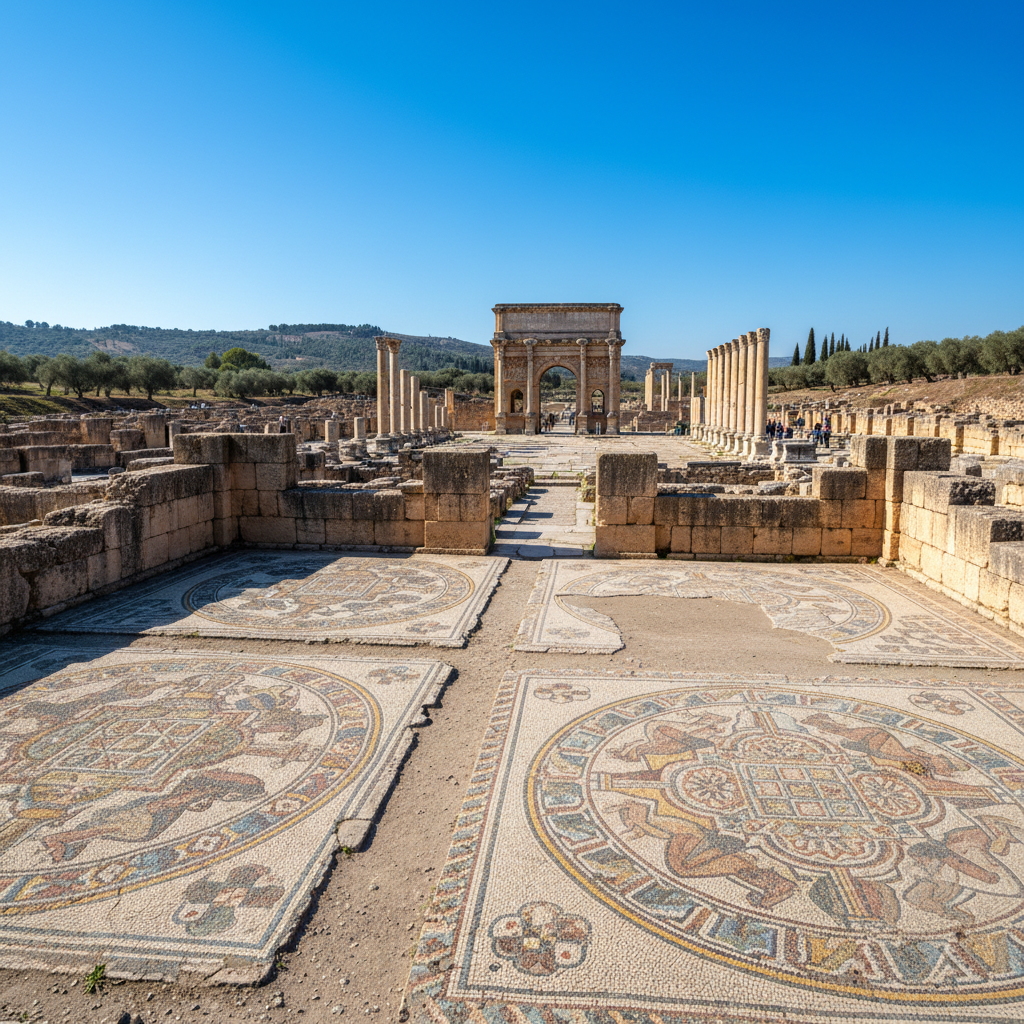 Volubilis Roman ruins with triumphal arch and ancient mosaic floors in Morocco
