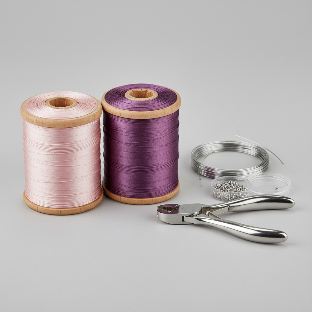 Silk cord spools in blush and plum tones wound neatly beside beading wire and crimping tools