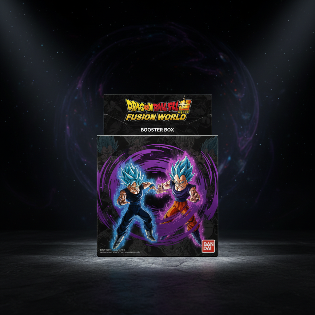 Dragon Ball Fusion World booster display box on dark retail shelf