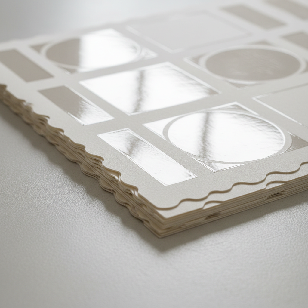 Finished print sheets with die-cut edges and spot UV coating showing light reflection