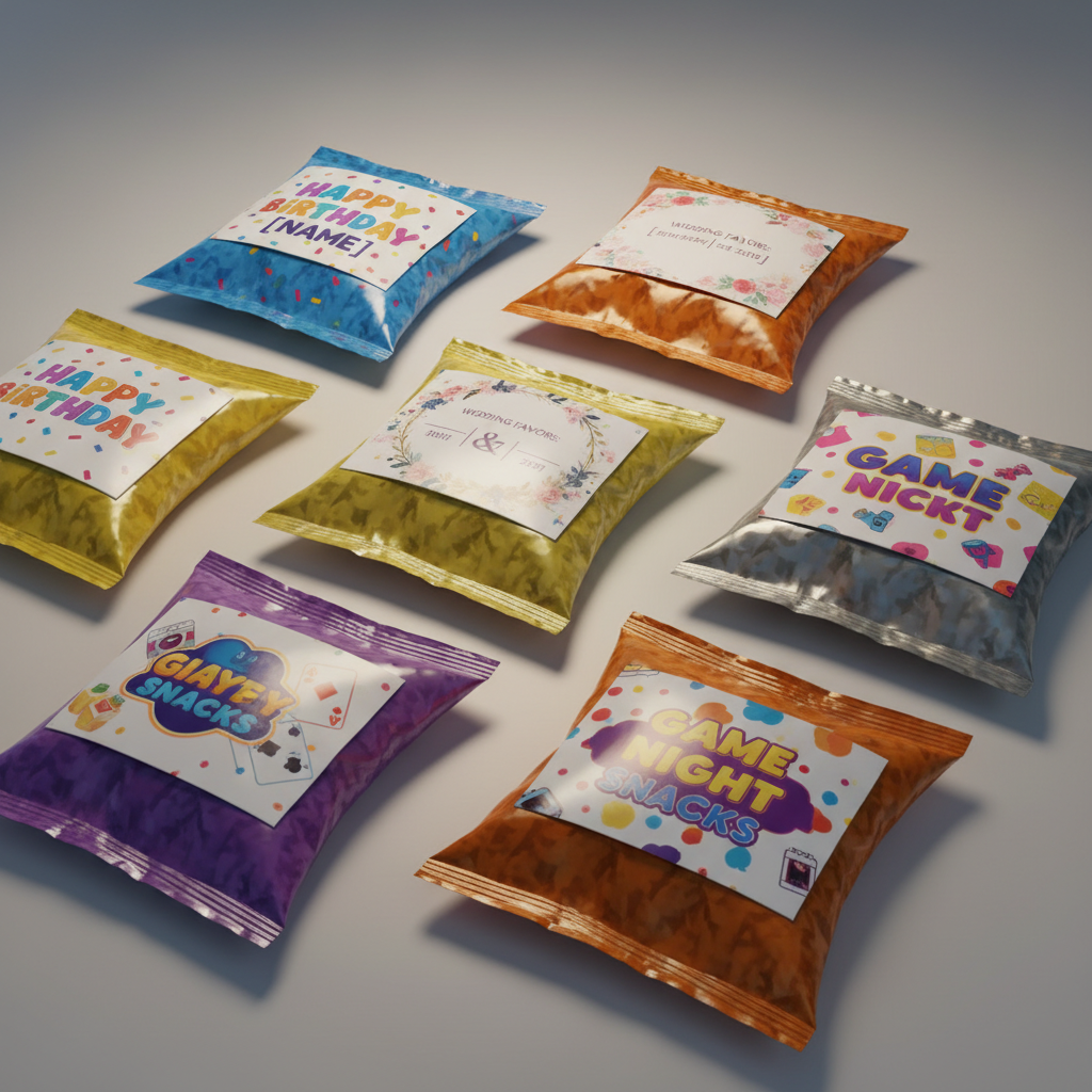 Personalised chip packet wrappers with custom printed labels in bright warm light