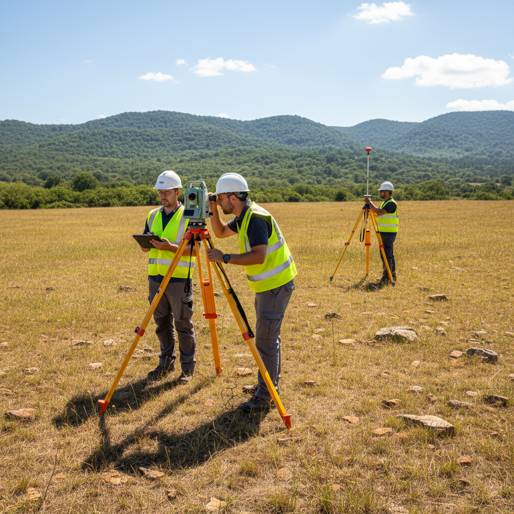 Land surveyor using total station equipment in open Georgia field, measuring terrain elevation, professional field work