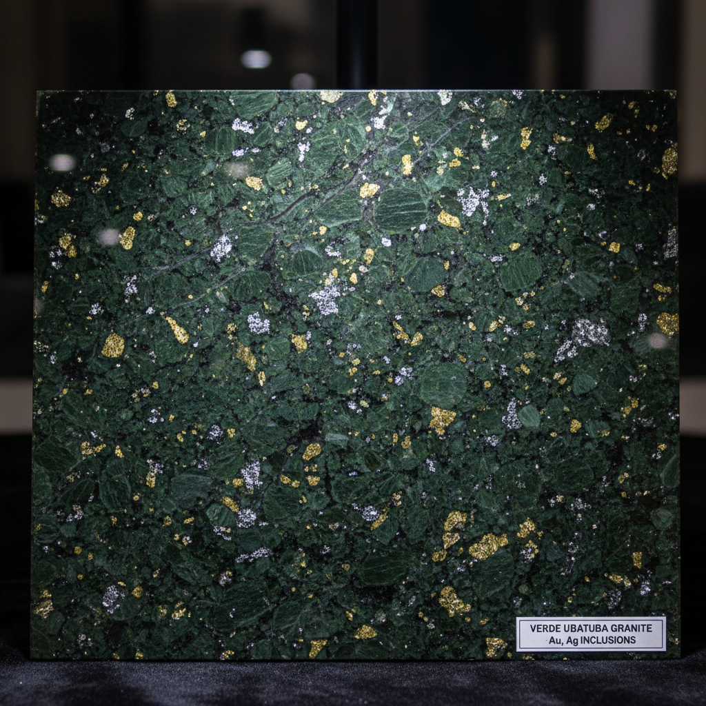 Verde Ubatuba dark green granite specimen with gold and silver mineral flecks under specimen lighting