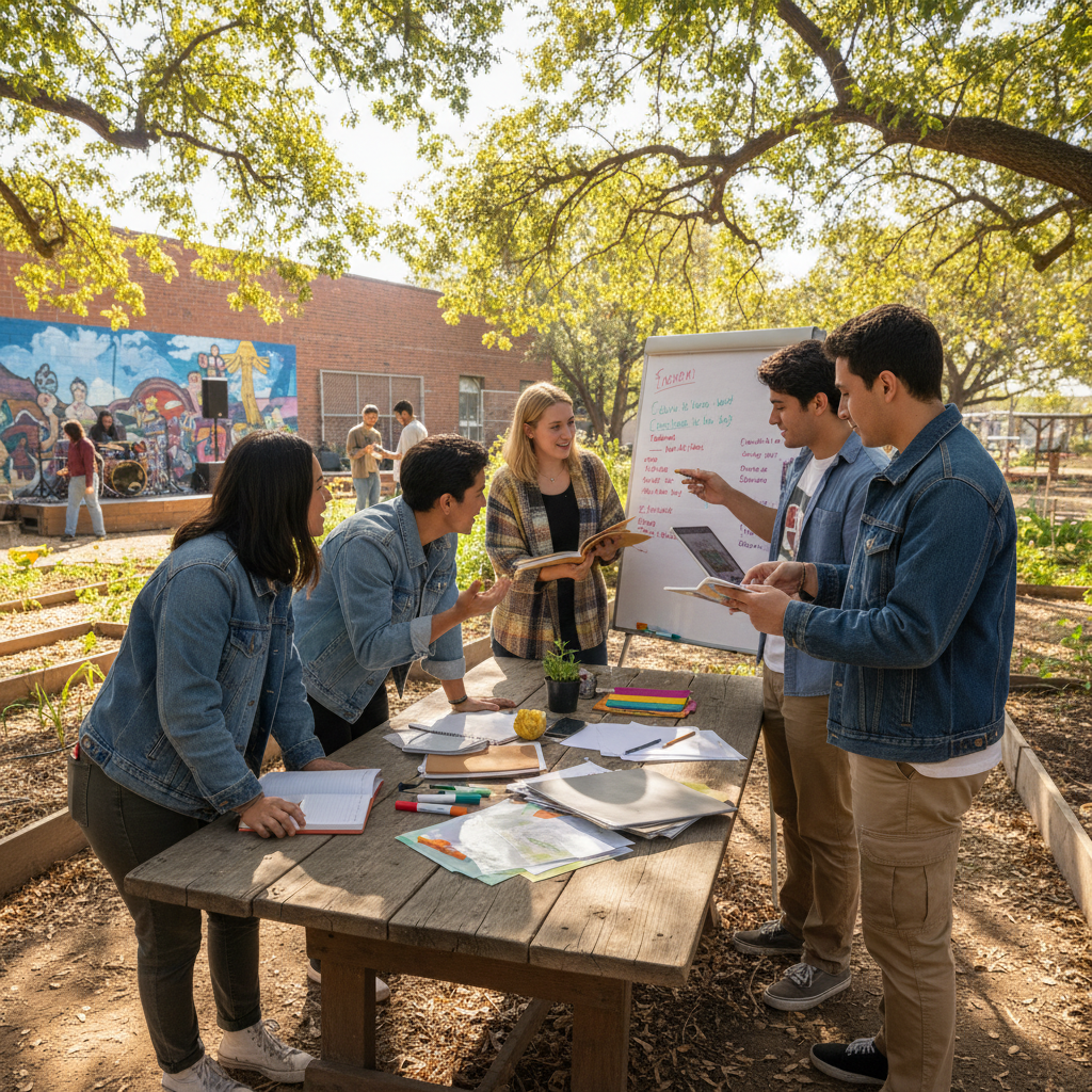 Group of African university students discussing a project outside on GHITS campus