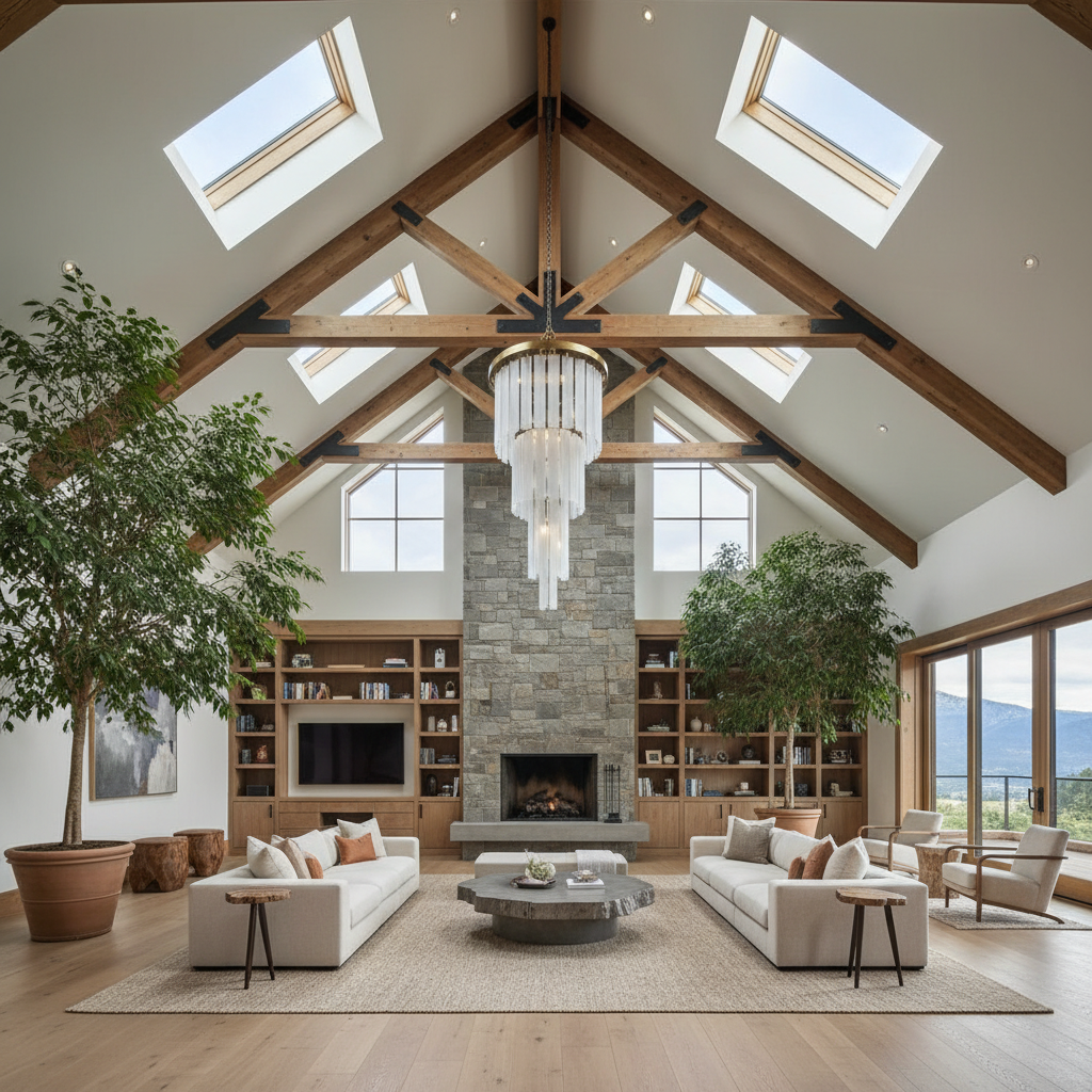 Living room interior where soaring ceiling height is the architectural subject