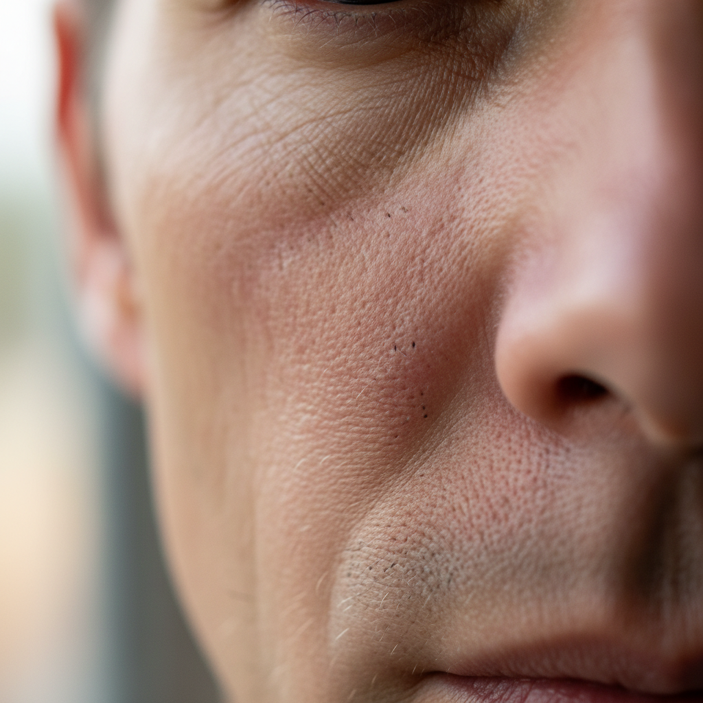 Before foundation application โ uneven skin tone, visible pores, natural skin texture in natural daylight