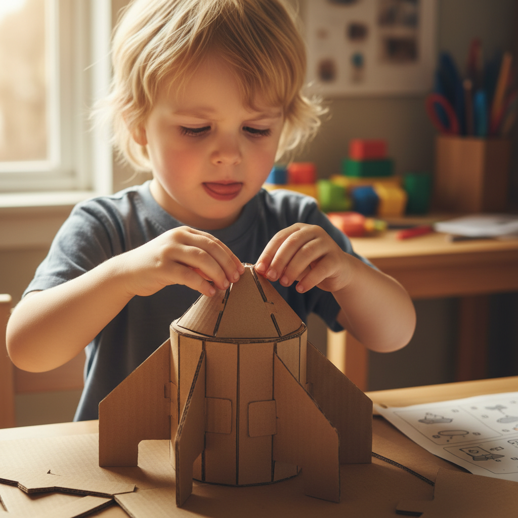 Child assembling a cardboard rocket ship kit, tongue out in concentration