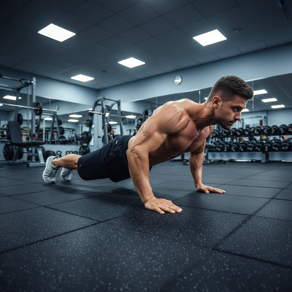 Person performing push ups in proper form on a gym mat