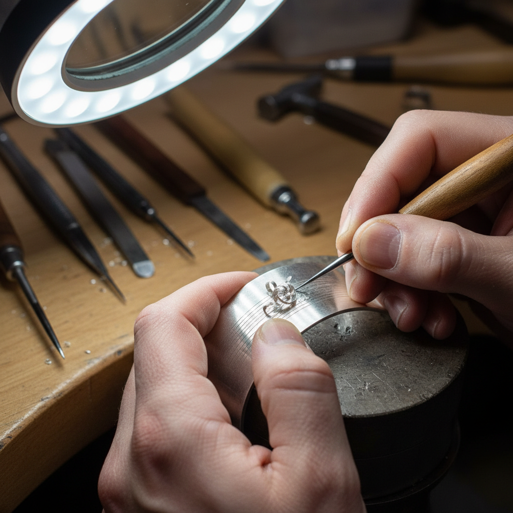 Artisan's hands engraving sterling silver with a graver tool, tool marks visible under magnification lamp