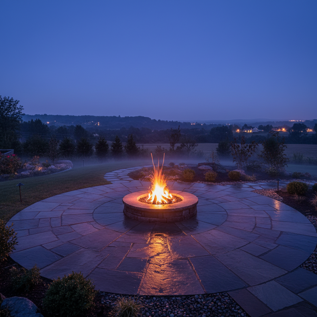 Professional stone patio and landscaping work at a Louisville residential property, warm afternoon light, natural stone pavers