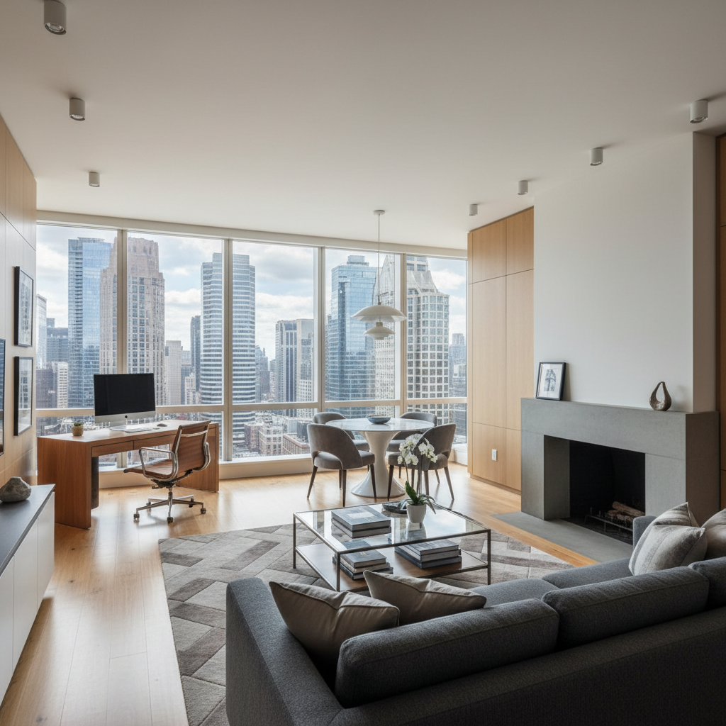 Fully furnished executive apartment workspace with dual monitors and city view
