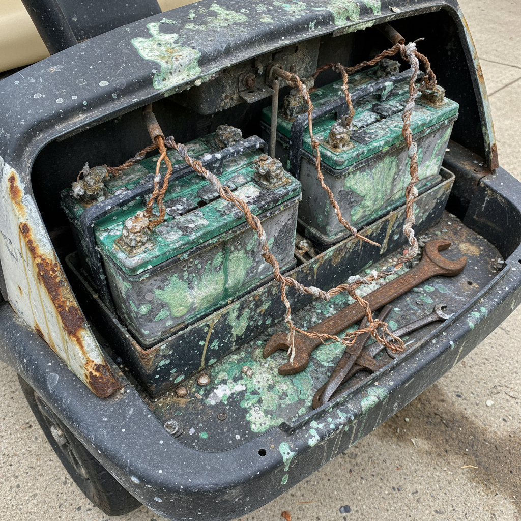 Corroded golf cart battery compartment with failing cells and damaged wiring