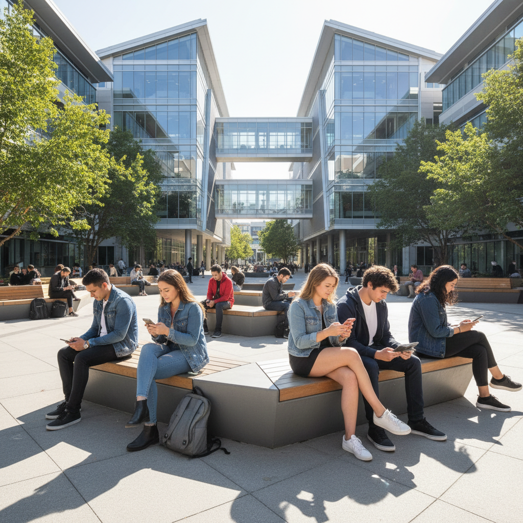 Students browsing courses on laptops in a modern learning environment