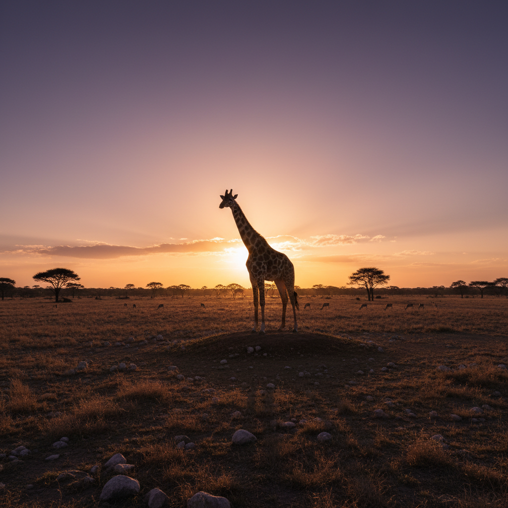 Golden hour at the wildlife park — giraffe silhouette against violet sky