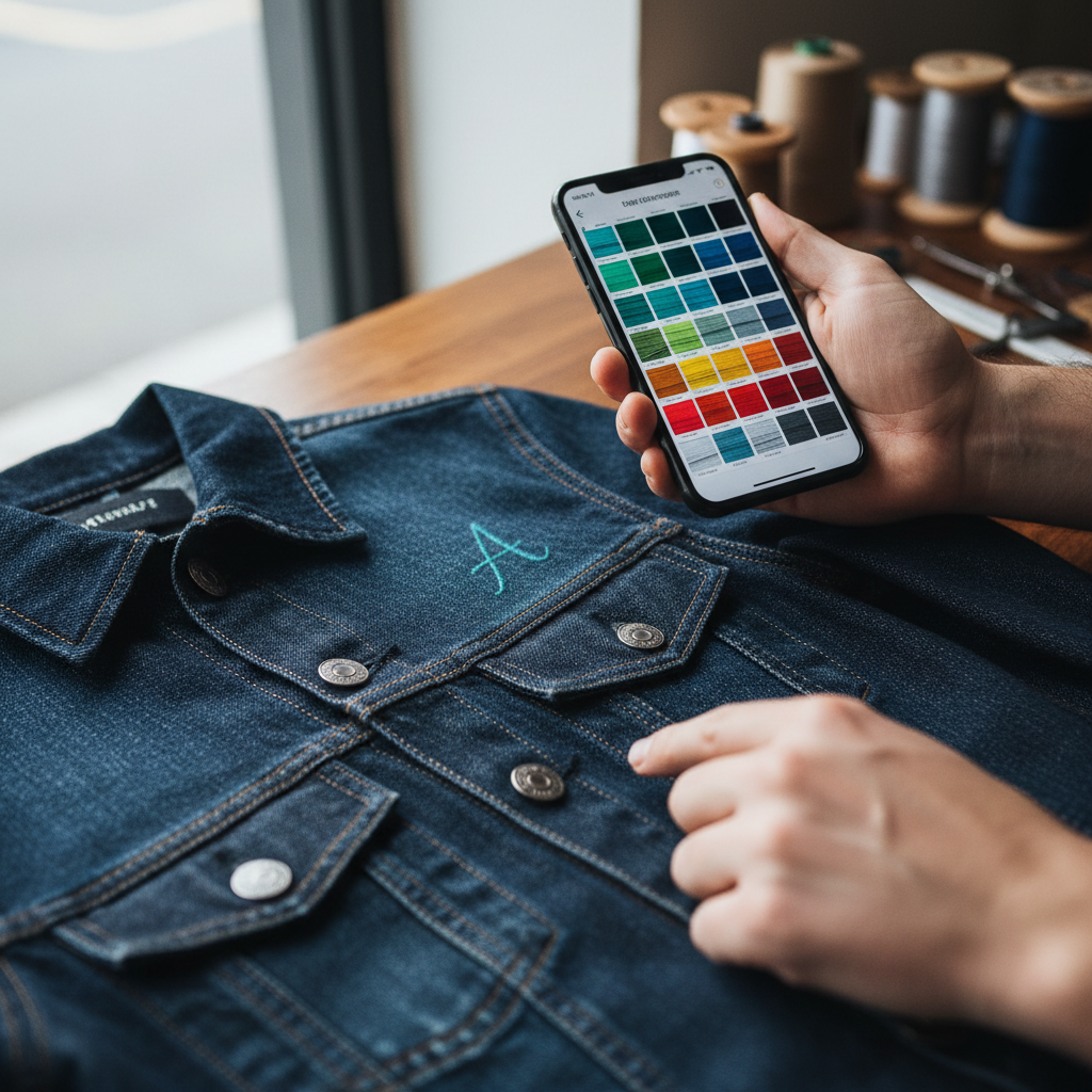 Customer choosing thread color for monogrammed denim jacket on mobile phone screen