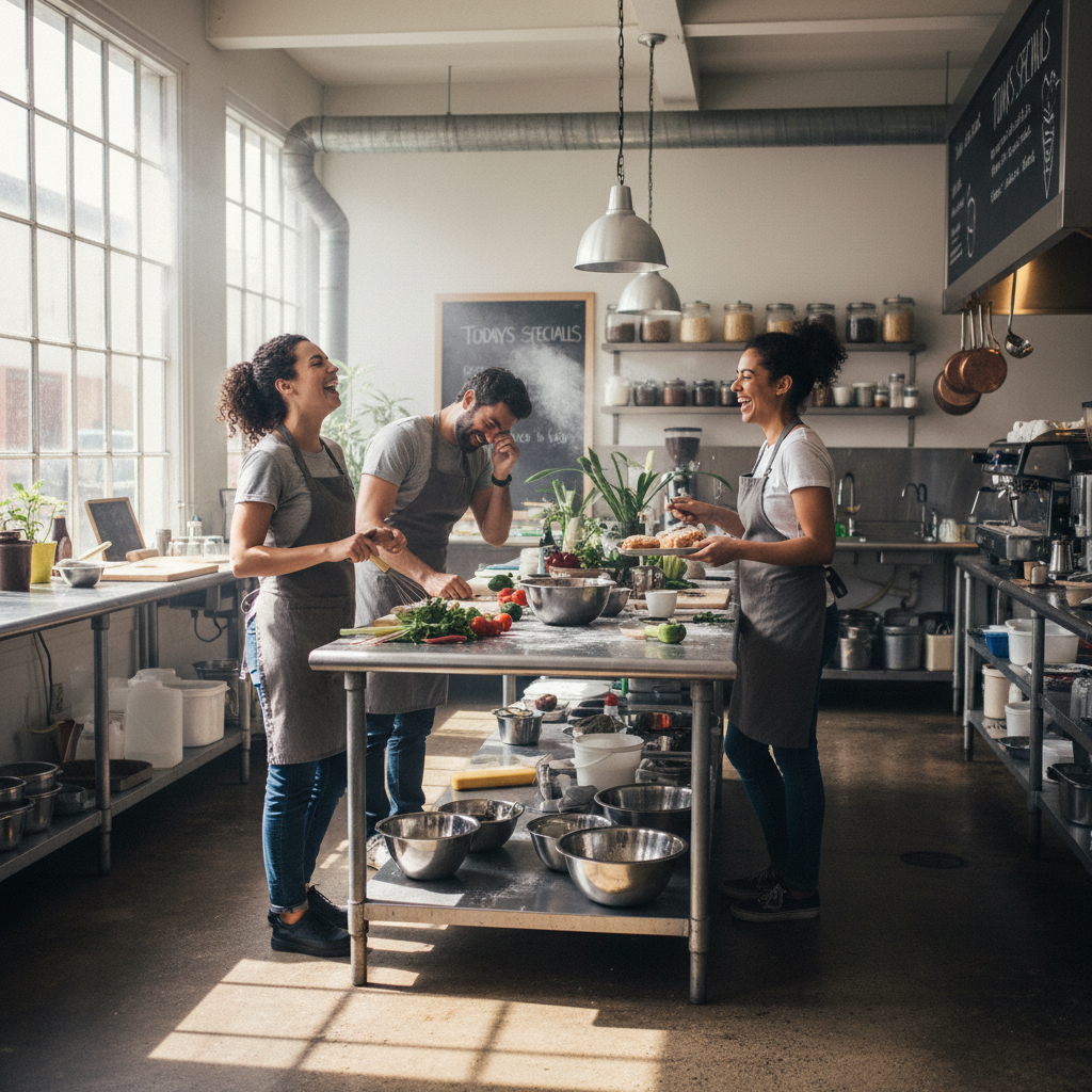 Healthcare team members laughing together in break room