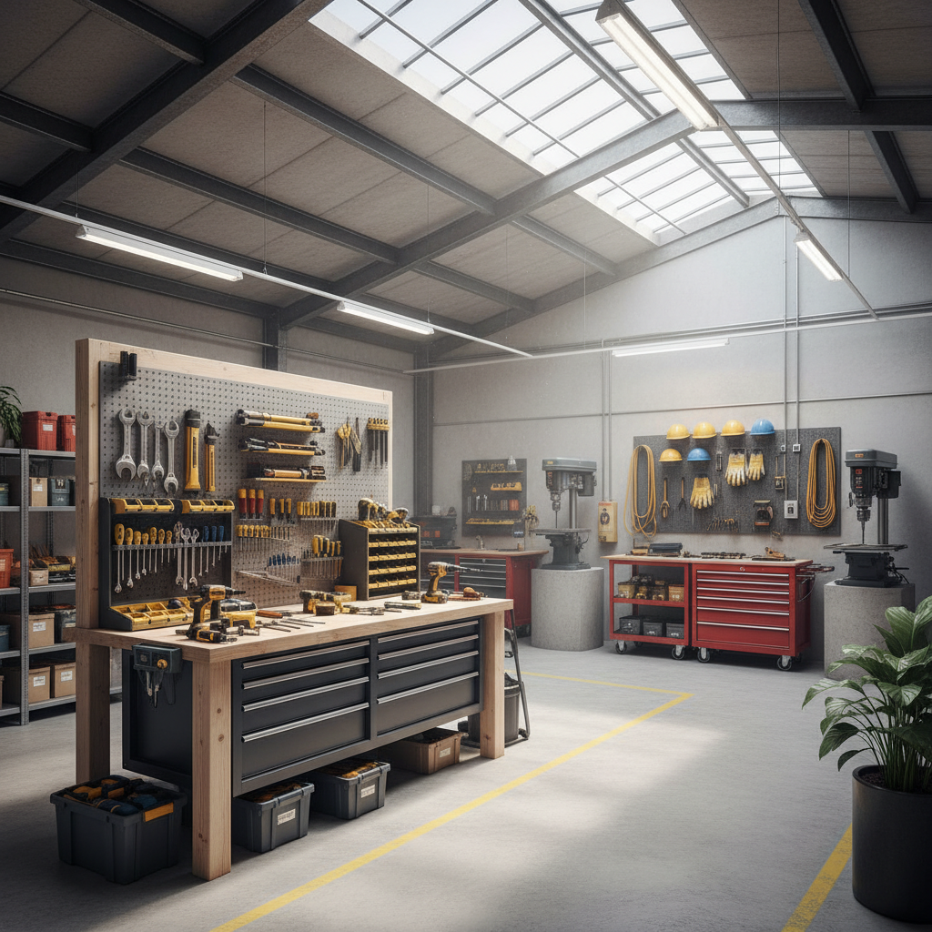 Handyman tools on wooden workbench, well-lit workshop with organized hardware