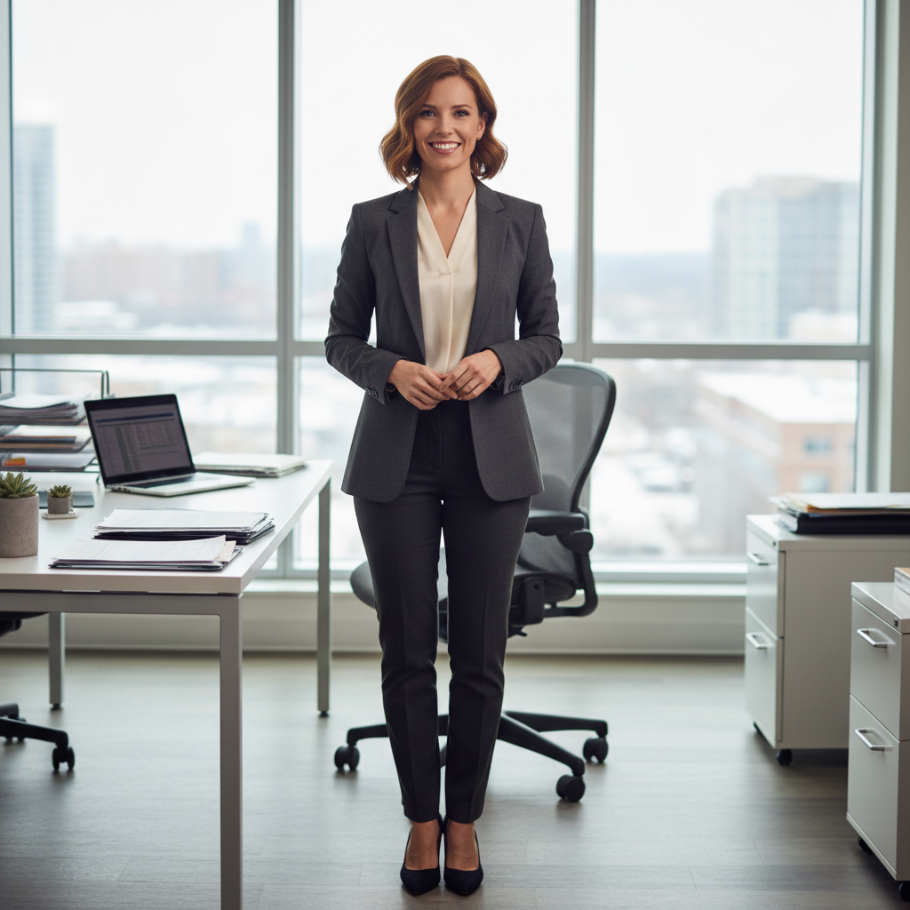 Professional businesswoman smiling in modern office with brick wall