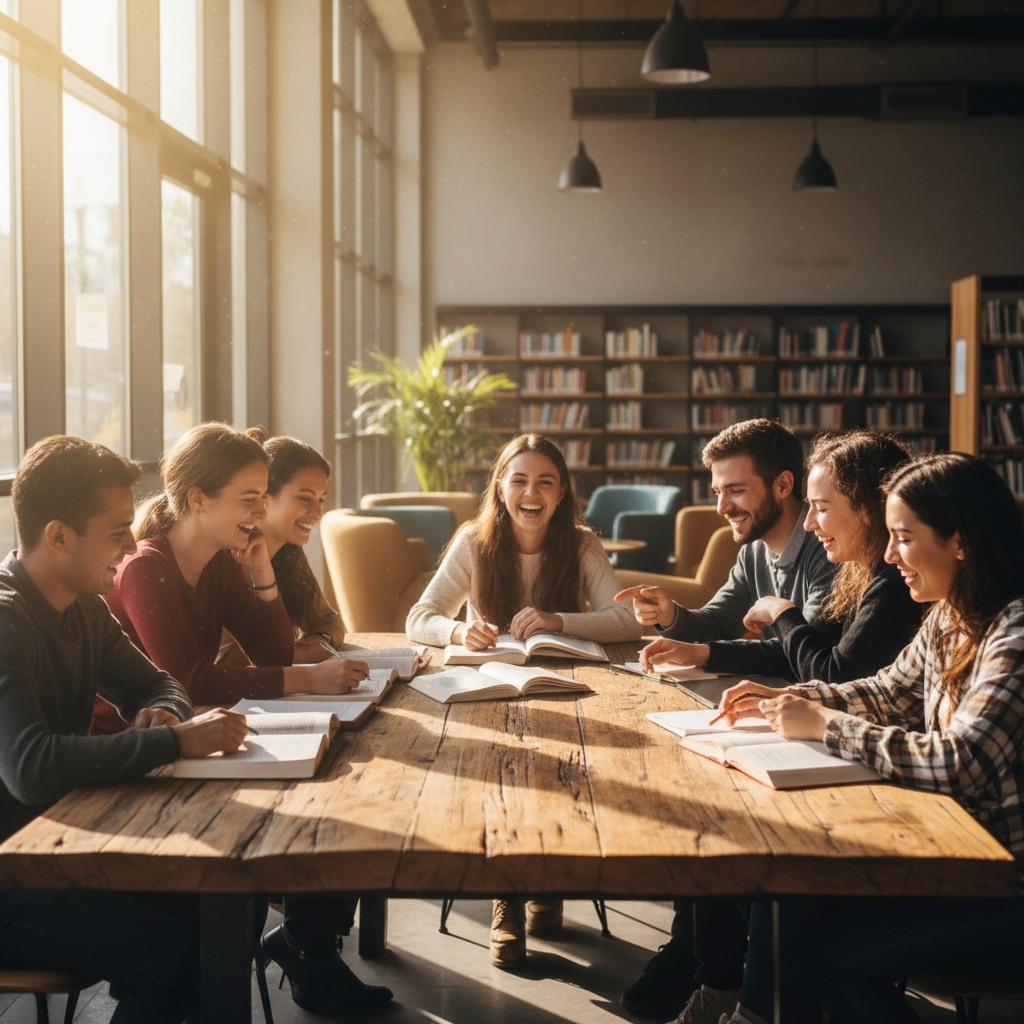 University students gathered in a bright campus common area, engaged in animated conversation and collaborative activities