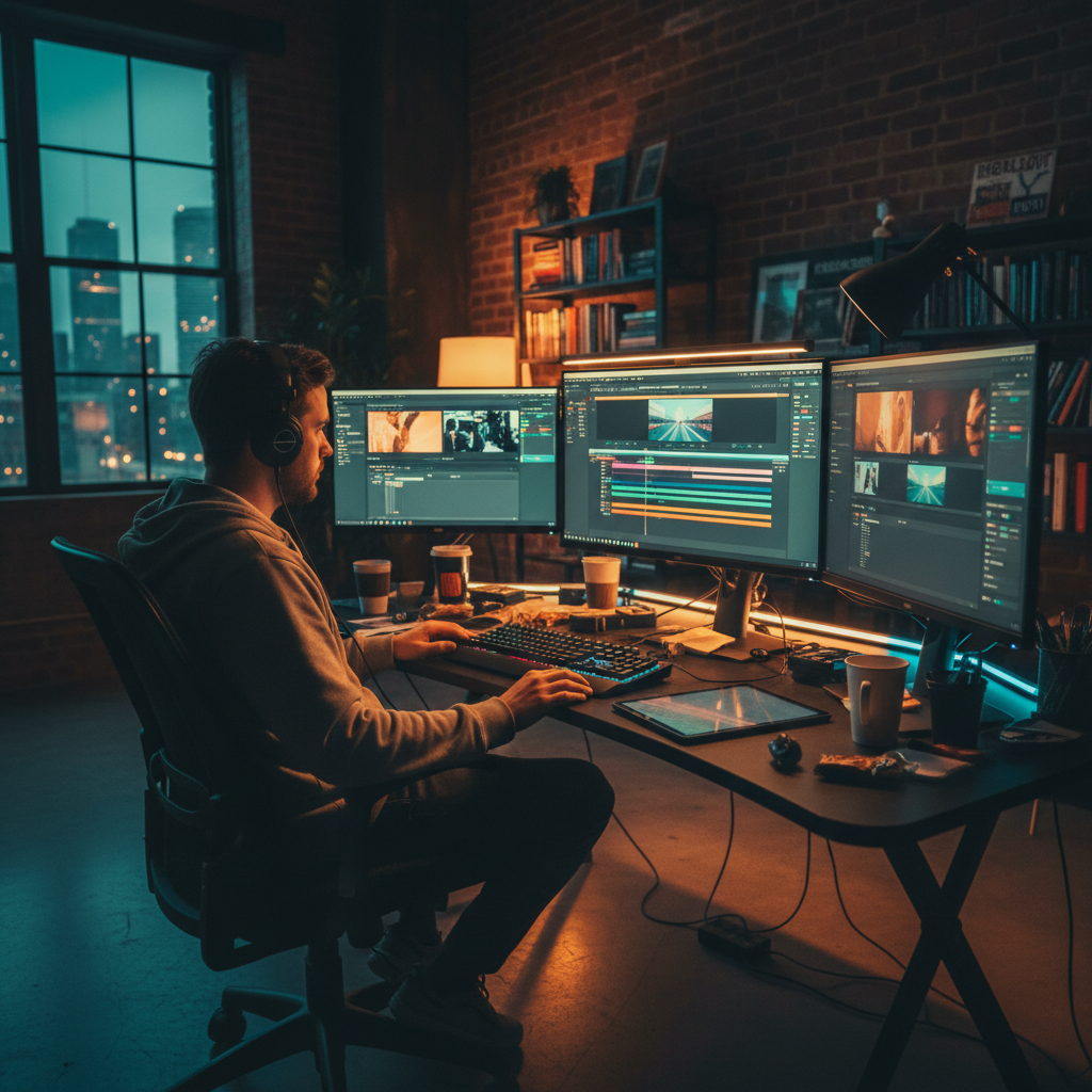 Multiple monitors showing social media and video editing software at night