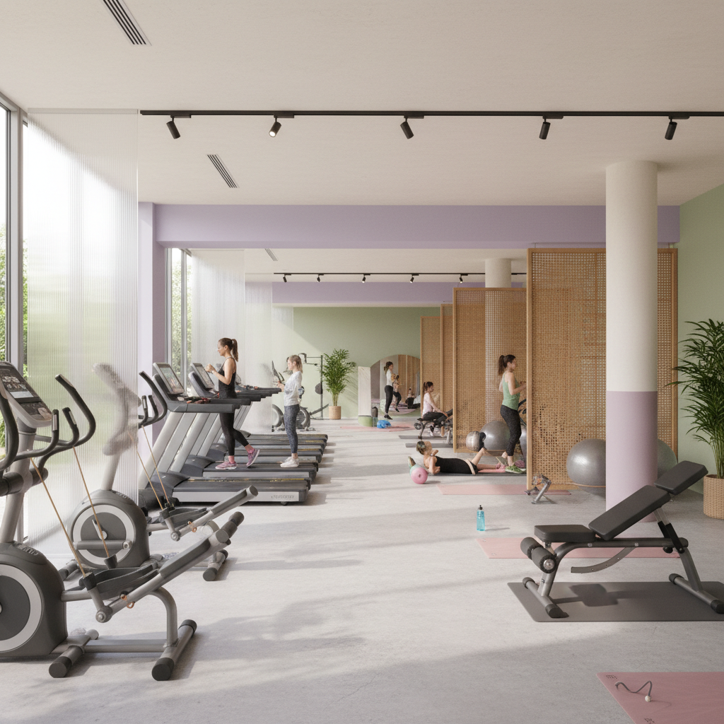 Woman exercising on yoga mat in bright modern gym with fitness equipment