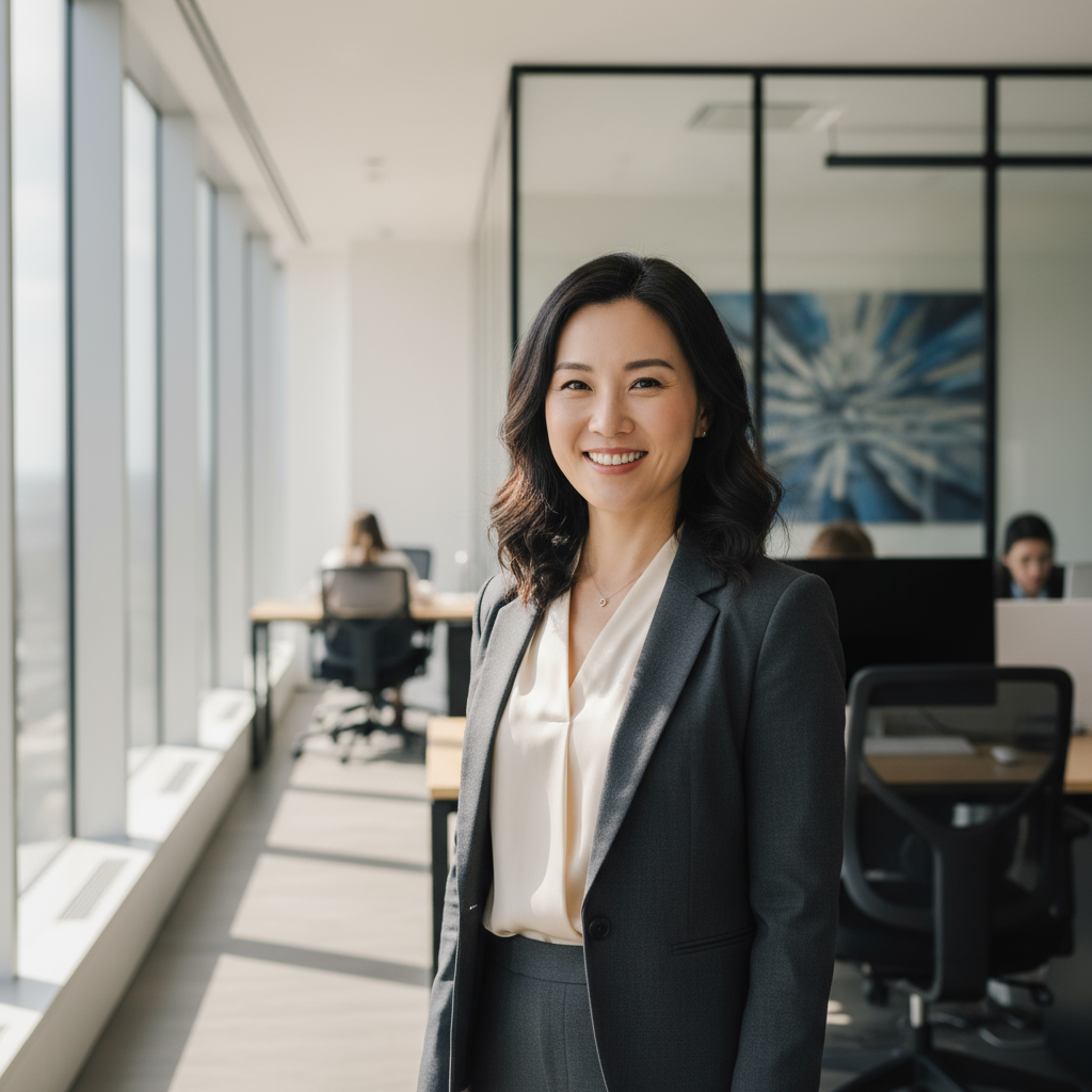 Filipino entrepreneur Maria Santos smiling confidently in modern office with laptop and marketing materials