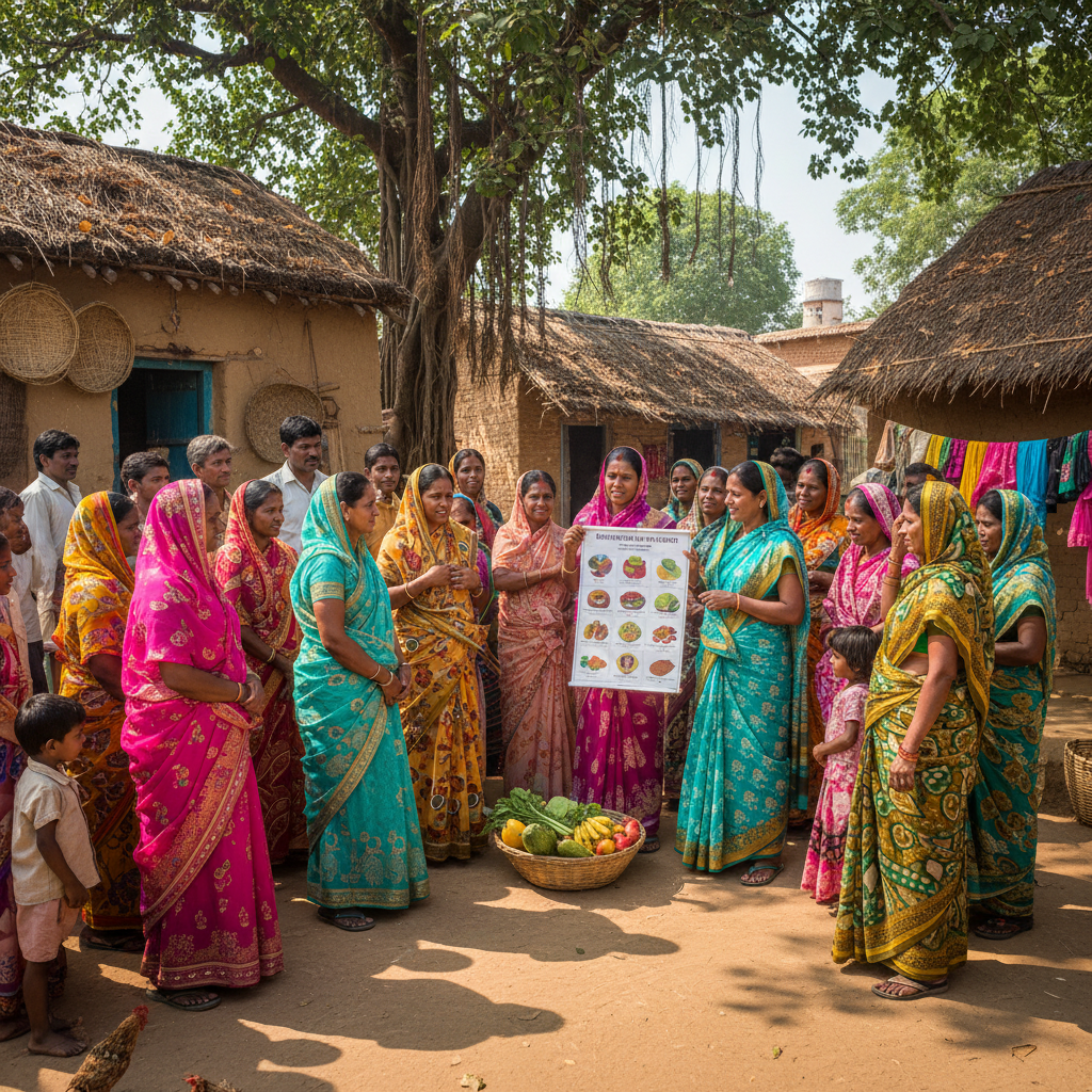 Village women attending health awareness camp, bright saris, rural India, warm daylight