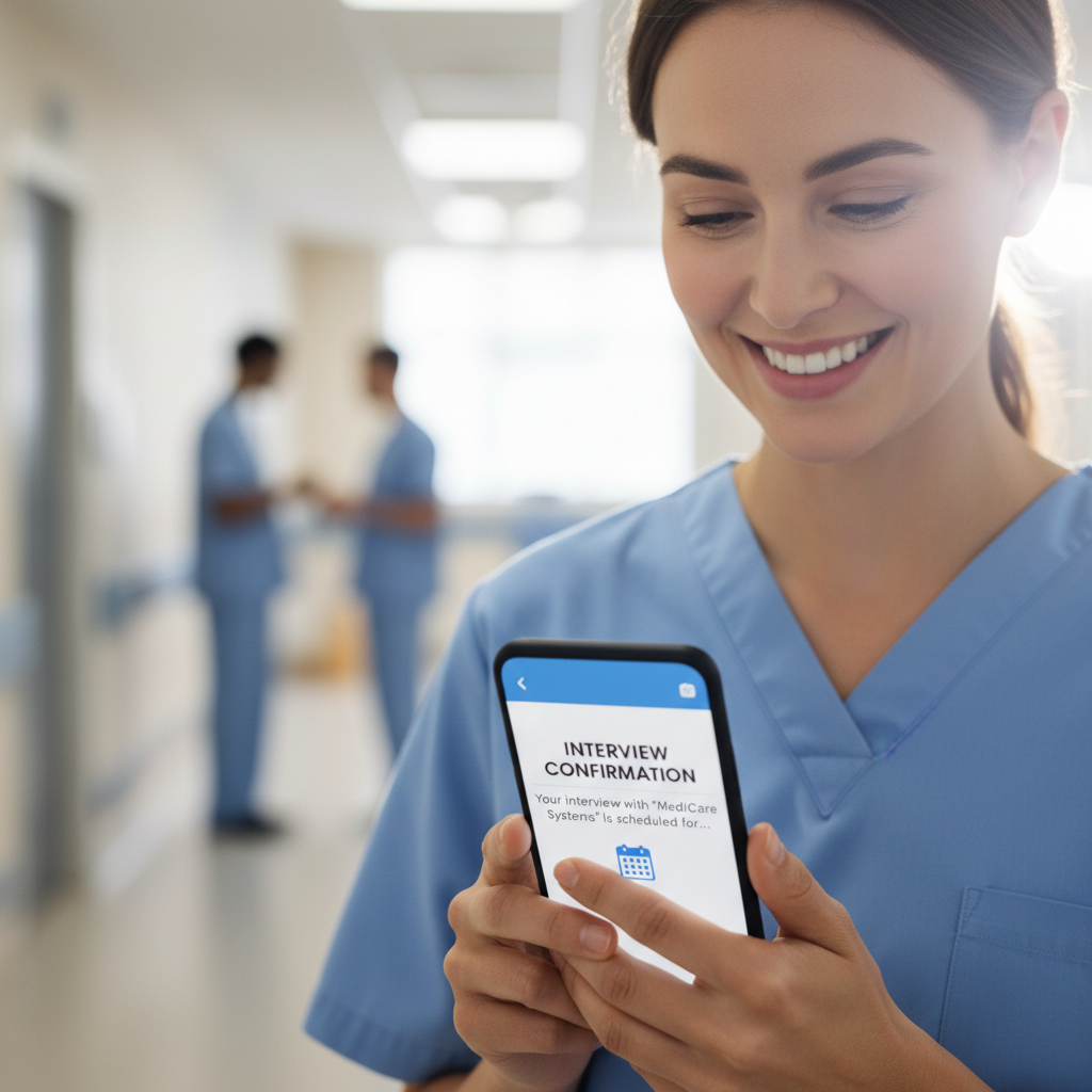 Healthcare professional in clean scrubs smiling at phone showing interview confirmation notification