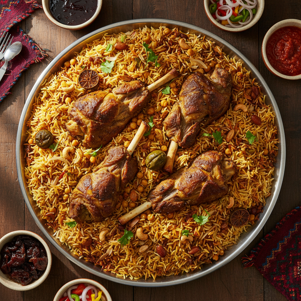 Communal platter of machboos laham shot from above, mounded rice with dark glistening lamb shank and scattered almonds
